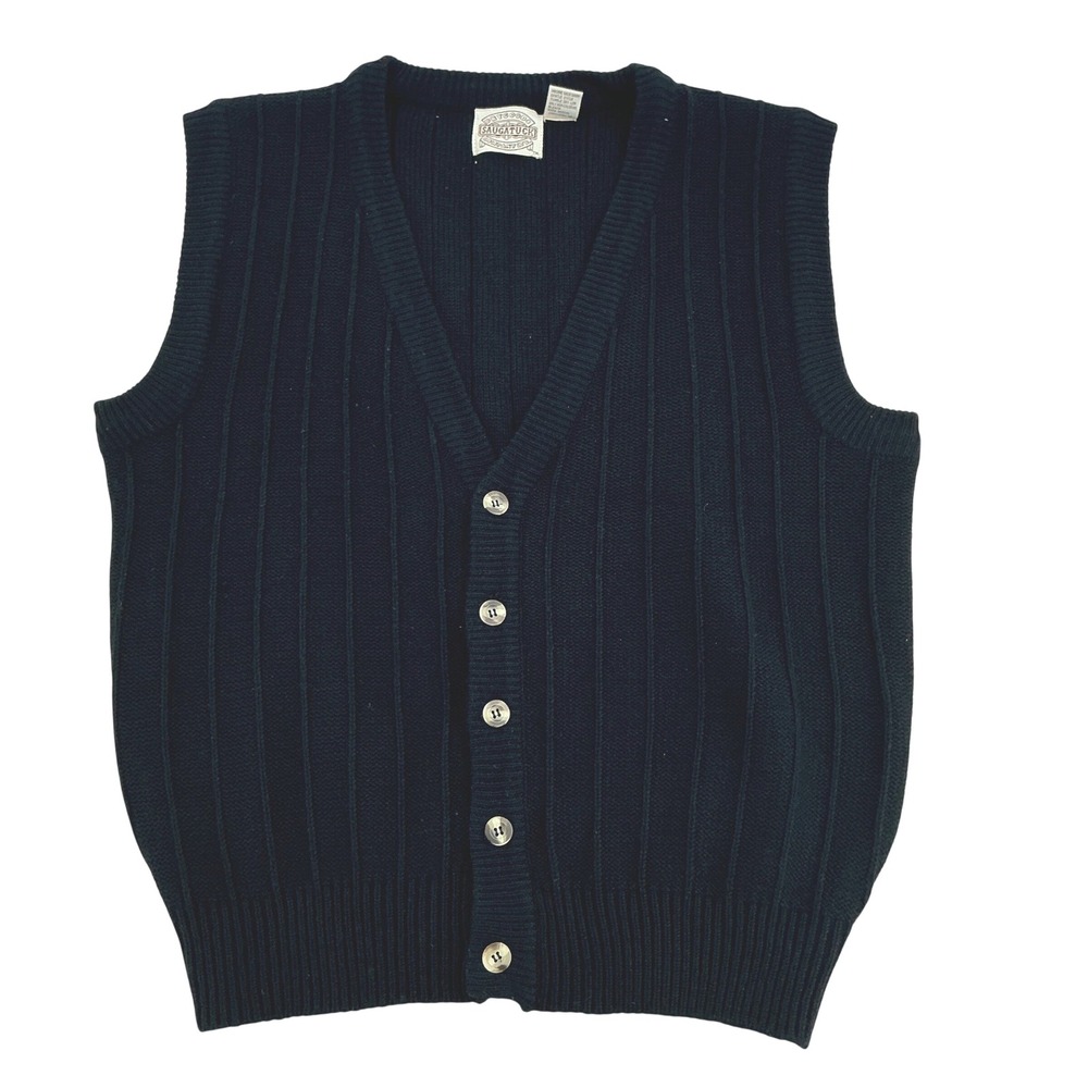 Vintage Knit Sweater Vest Mens Large Black Ribbed Acrylic Button Front Preppy